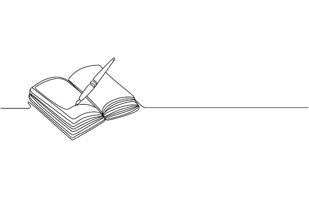 Dibujo de arte de línea continua de libro y pluma o lápiz Libro abierto de arte de una sola línea de dibujo vectorial