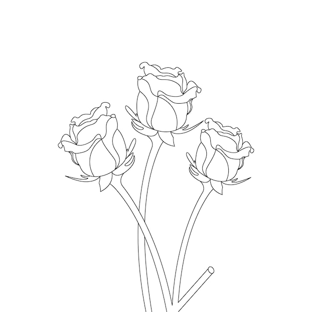 Dibujo de arte de línea de página para colorear de flor rosa con ilustración vectorial decorativa