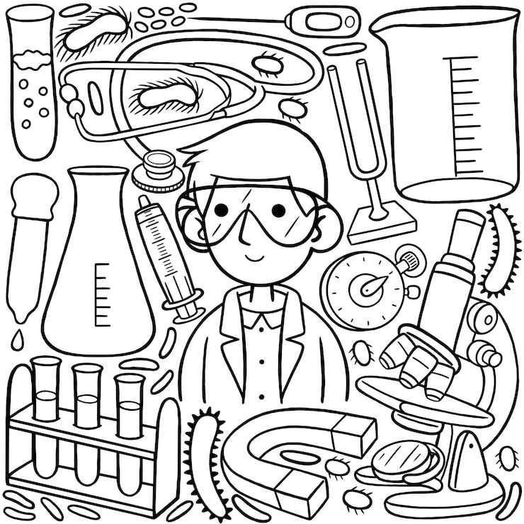 Vector un dibujo de arte lineal de un hombre científico con varios elementos, incluido un equipo científico