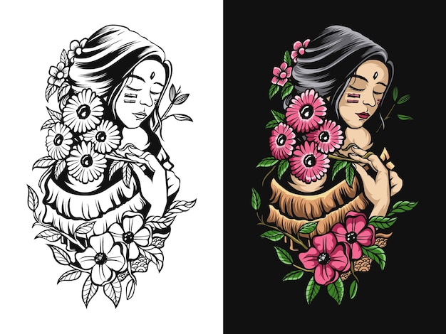 Dibujo artístico en blanco y negro y en color de niña con una flor