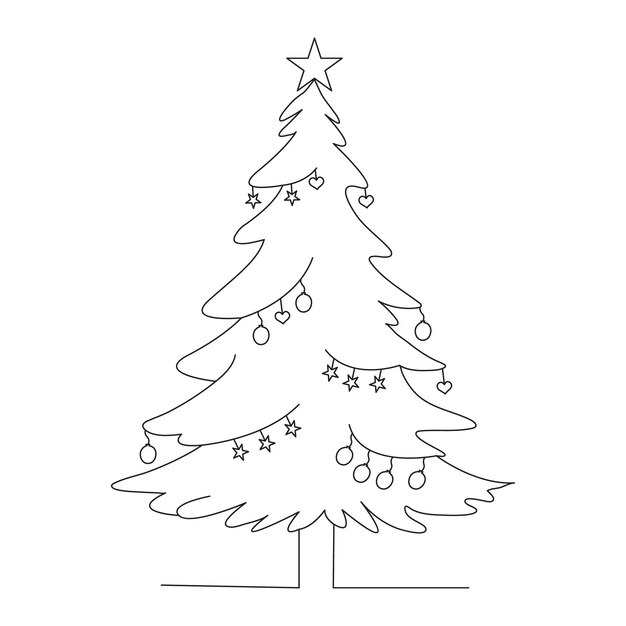 Dibujo artístico continuo de una línea del árbol de Navidad con ilustración vectorial de estrellas