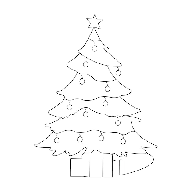 Dibujo artístico continuo de una línea del árbol de Navidad con ilustración vectorial de estrellas