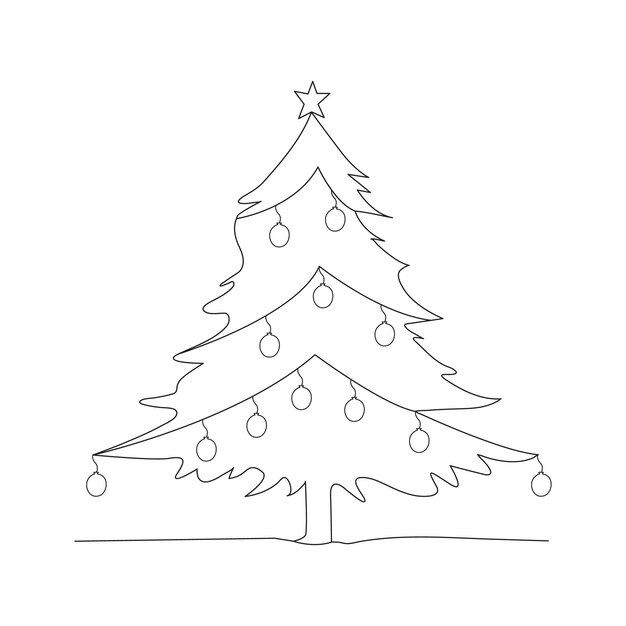 Dibujo artístico continuo de una línea del árbol de Navidad con ilustración vectorial de estrellas