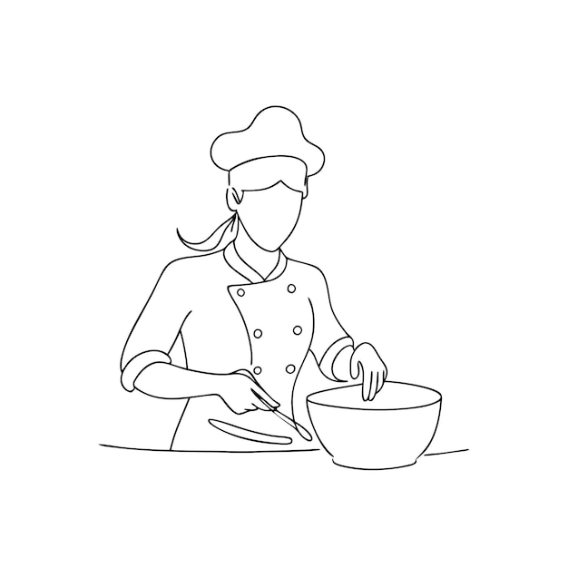Dibujo artístico continuo de una línea cocinero preparando comida