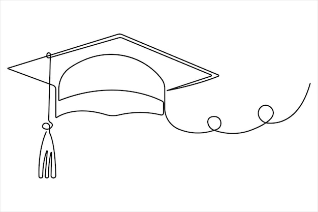Dibujo artístico continuo de una línea del concepto de sombrero de graduación vector de contorno