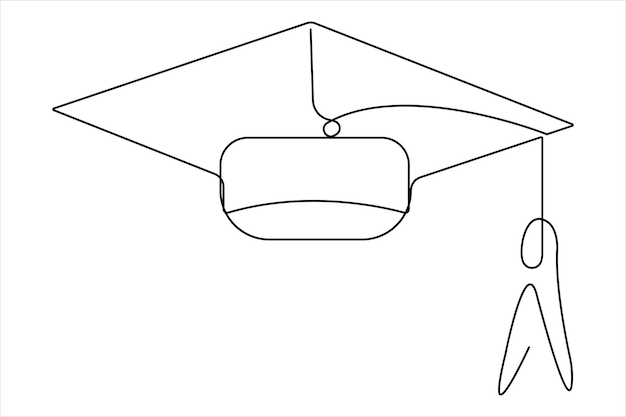Dibujo artístico continuo de una línea del concepto de sombrero de graduación vector de contorno