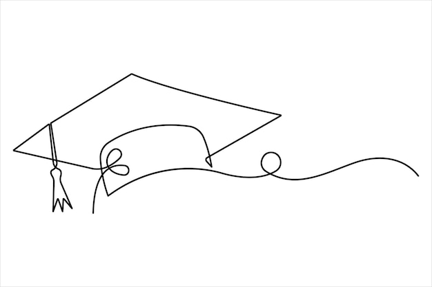 Dibujo artístico continuo de una línea del concepto de sombrero de graduación vector de contorno