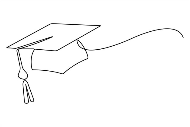 Dibujo artístico continuo de una línea del concepto de sombrero de graduación vector de contorno