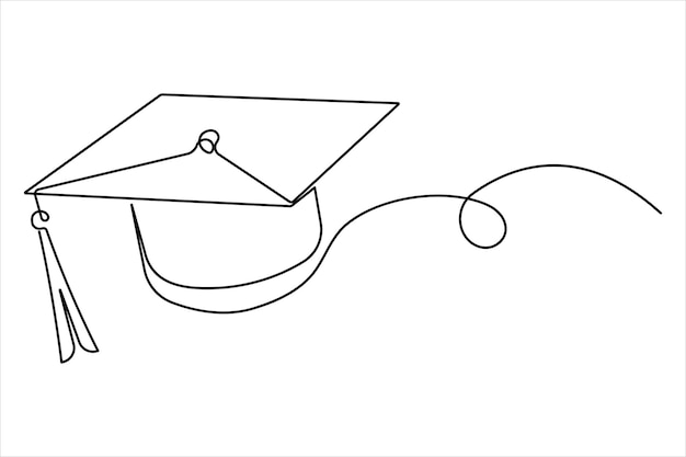 Dibujo artístico continuo de una línea del concepto de sombrero de graduación vector de contorno