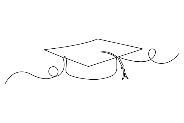 Dibujo artístico continuo de una línea del concepto de sombrero de graduación vector de contorno