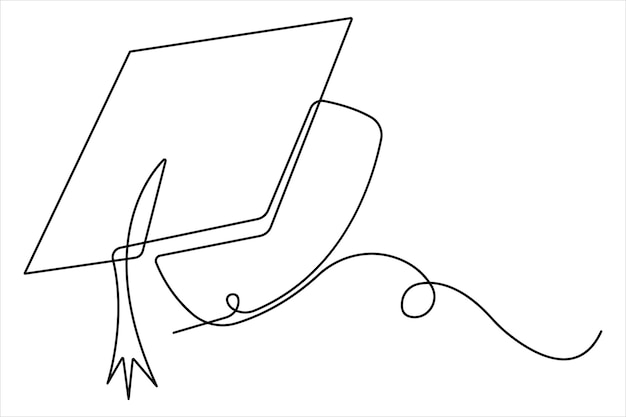 Dibujo artístico continuo de una línea del concepto de sombrero de graduación vector de contorno
