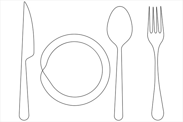 Dibujo artístico continuo de una línea de herramientas de alimentos para el vector de decoración de restaurantes