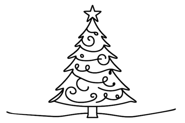 Vector un dibujo artístico continuo de línea negra de un árbol de navidad feliz dibujado a mano del contorno de papá noel