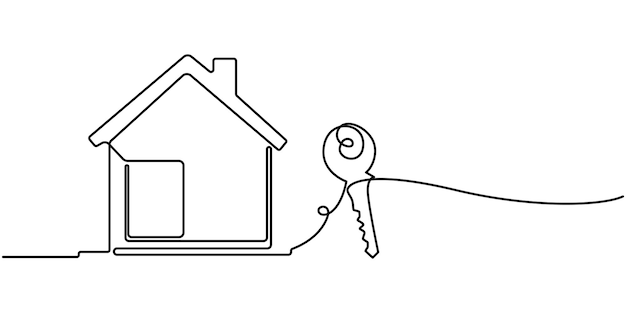 Un dibujo artístico continuo de una línea símbolo de las llaves de la casa Diseño vectorial de iconos de líneas inmobiliarias