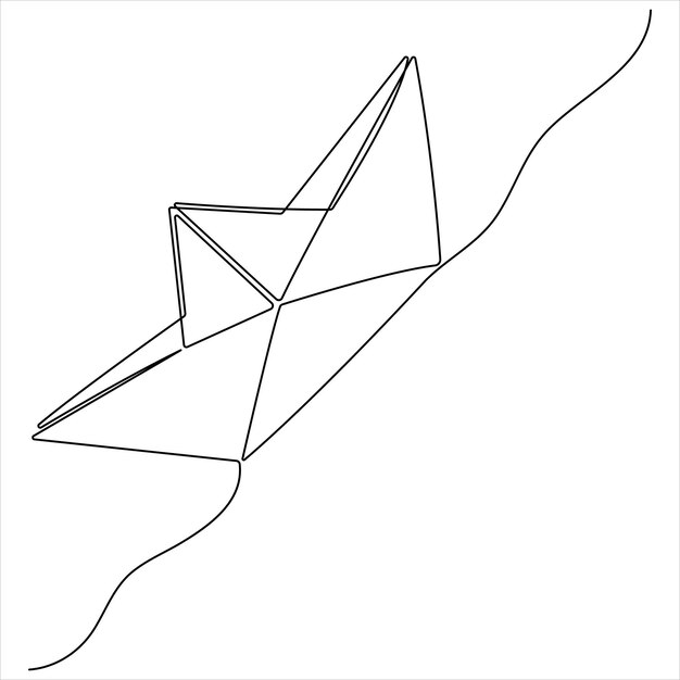 Dibujo artístico continuo de una sola línea de barco de papel navegando en el agua del río gráfico de juguete de origami