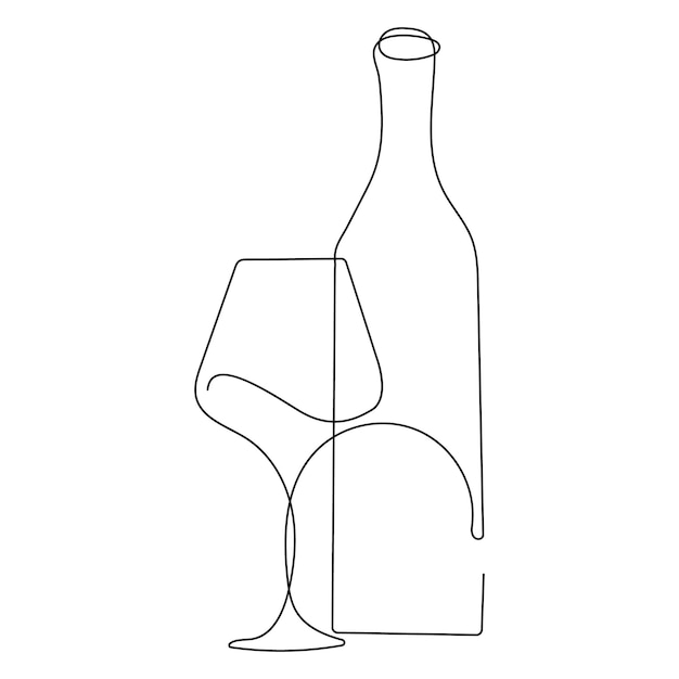 Dibujo artístico continuo de una sola línea de botella de vino bebida alcohólica en vector de contorno de estilo