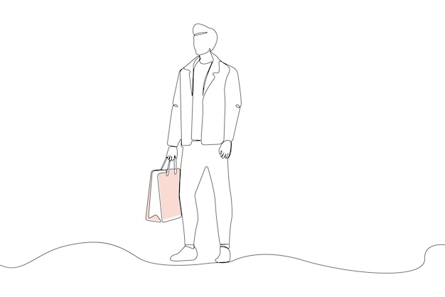 Dibujo artístico continuo de una sola línea de un hombre sosteniendo bolsas de compras