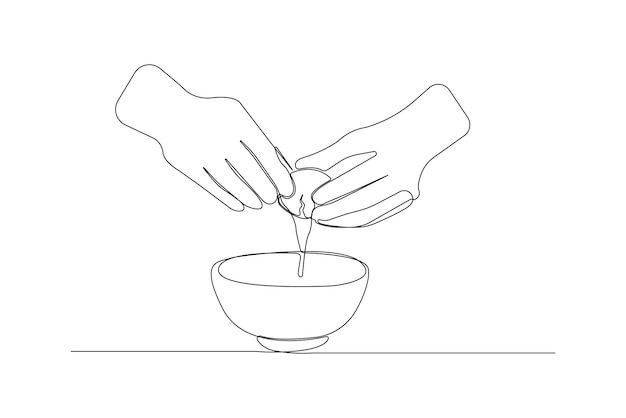 Dibujo artístico continuo de una sola línea de manos rompiendo huevo crudo en un cuenco