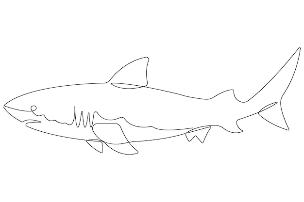 Un dibujo artístico continuo de una sola línea de tiburón, pez marino, contorno vectorial submarino minimalista