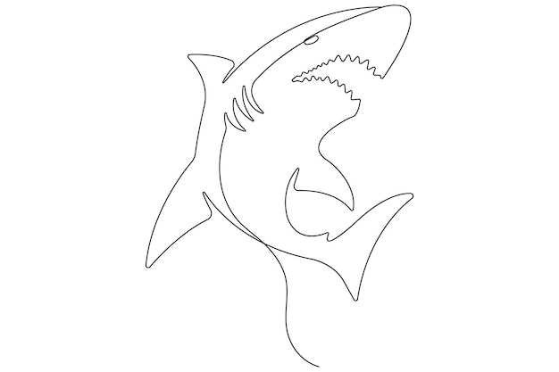 Un dibujo artístico continuo de una sola línea de tiburón, pez marino, contorno vectorial submarino minimalista