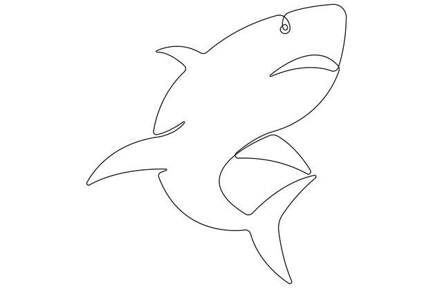 Un dibujo artístico continuo de una sola línea de tiburón, pez marino, contorno vectorial submarino minimalista