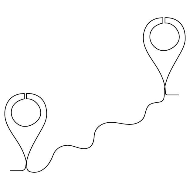 Dibujo artístico continuo de una sola línea del vector de contorno de la ubicación y los punteros de ruta