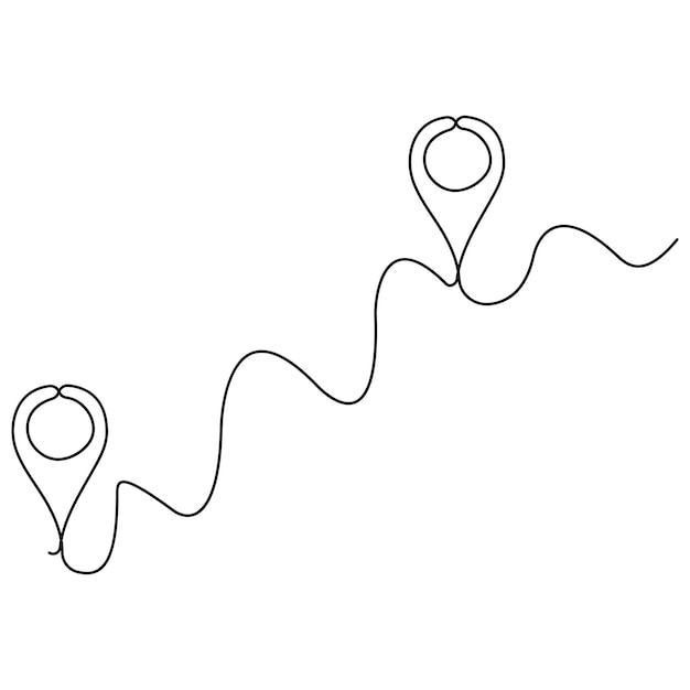 Dibujo artístico continuo de una sola línea del vector de contorno de la ubicación y los punteros de ruta