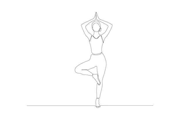 Dibujo artístico en línea de mujer haciendo yoga en postura de árbol vector de contorno continuo
