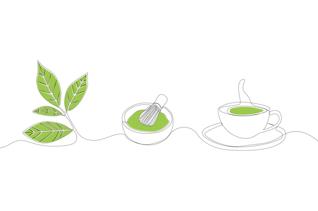 Dibujo artístico de líneas conceptuales de ingredientes de té matcha dibujados a mano