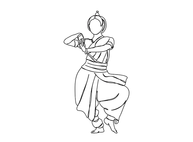 El dibujo artístico de una sola línea de Indian Tamil Dance Girl continúa la ilustración vectorial de línea