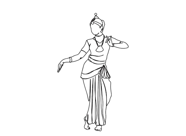 El dibujo artístico de una sola línea de Indian Tamil Dance Girl continúa la ilustración vectorial de línea