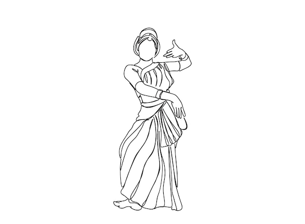 El dibujo artístico de una sola línea de Indian Tamil Dancer continúa la ilustración vectorial de línea