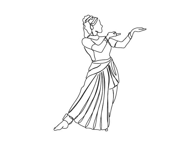 El dibujo artístico de una sola línea de Indian Tamil Dancing Girl continúa la ilustración vectorial de línea