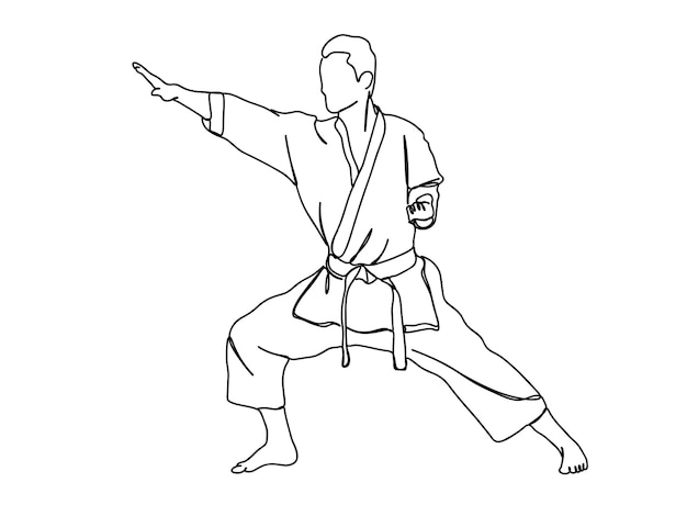 El dibujo artístico de una sola línea de Karate, Taekwondo Player continúa con la ilustración vectorial de línea