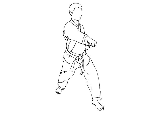 El dibujo artístico de una sola línea de Karate, Taekwondo Player continúa con la ilustración vectorial de línea