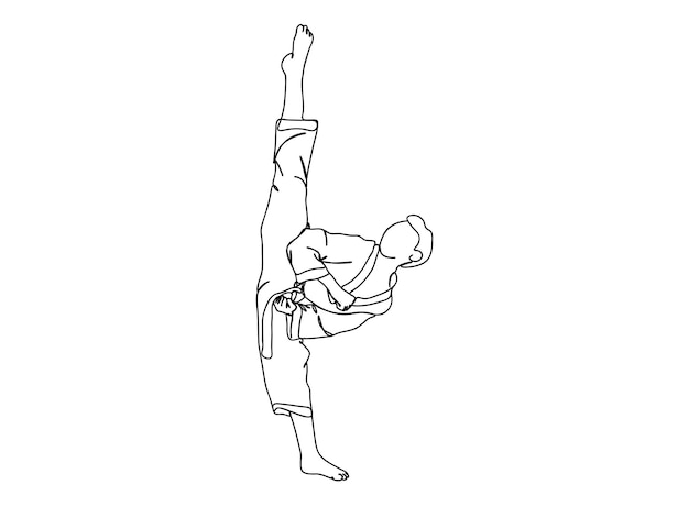 El dibujo artístico de una sola línea de Karate, Taekwondo Player continúa con la ilustración vectorial de línea