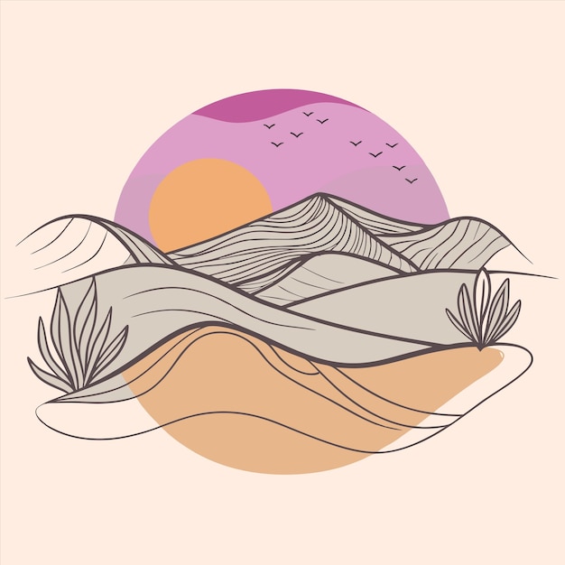 un dibujo de un atardecer con una escena de playa y una escena de praia