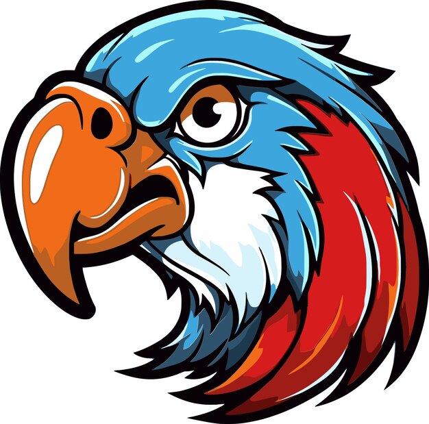 un dibujo de un ave azul y roja con un pico que dice un pájaro