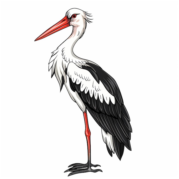 un dibujo de un ave blanca con un pico rojo y un pájaro blanco y negro en él
