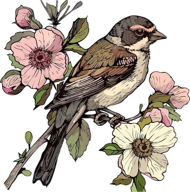 un dibujo de un ave con flores y un pájaro en él
