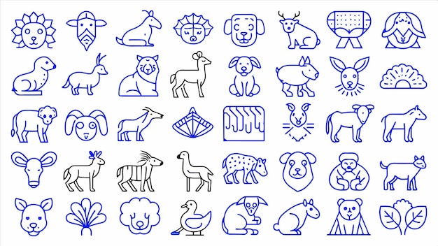 un dibujo azul y blanco de animales y animales