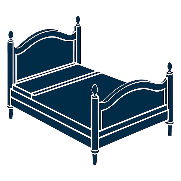 un dibujo azul y blanco de una cama con un marco de madera
