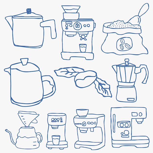 un dibujo azul y blanco de una cocina con una variedad de artículos, incluida una cafetera