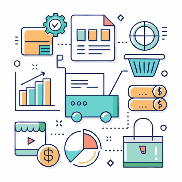 un dibujo azul y blanco de una tarjeta de visita con un fondo azul con un diagrama de iconos comerciales