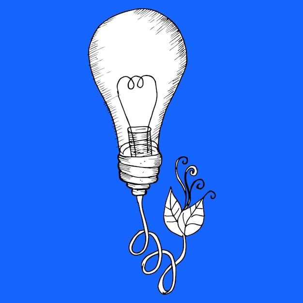 Vector un dibujo azul de una bombilla con una flor y una hoja.