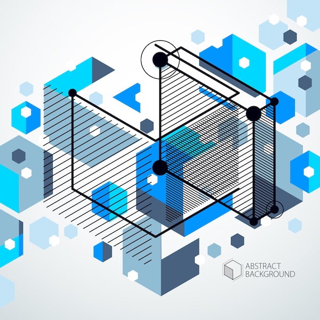 Vector dibujo azul vectorial de tecnología geométrica, papel tapiz técnico 3d. ilustración del sistema de ingeniería, telón de fondo tecnológico abstracto. antecedentes técnicos abstractos.