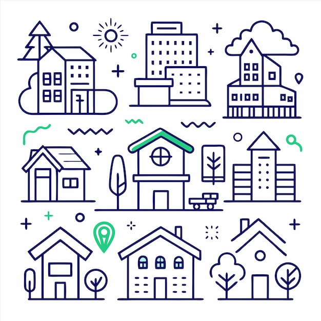 un dibujo azul y verde de casas con la palabra casa en la parte inferior