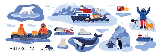 un dibujo de ballenas y un barco con una cabaña roja en el fondo Ilustración vectorial de la Antártida en