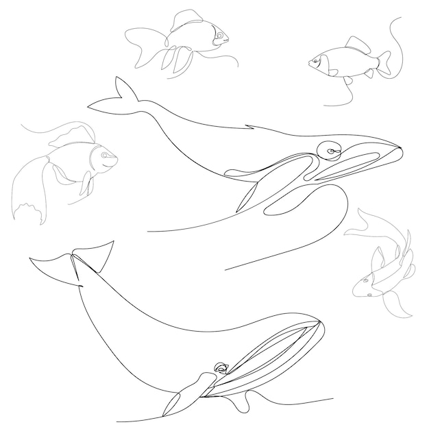 Dibujo de ballenas de pescado por una línea continua, vector