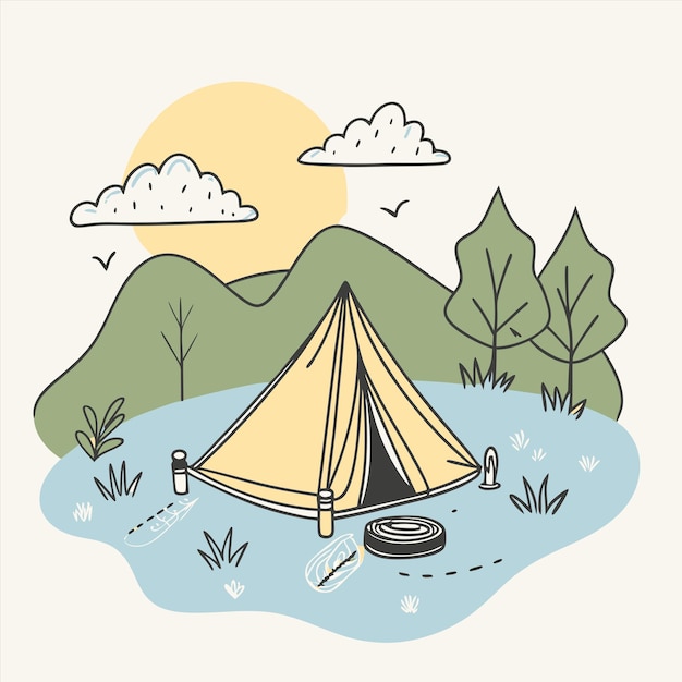 un dibujo de un barco con un barco en el agua y árboles en el fondo